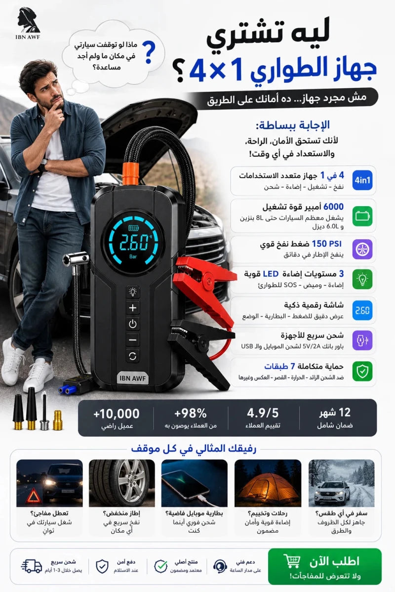 منفاخ وباور بنك ومقاوم بطارية وكشاف 4*1